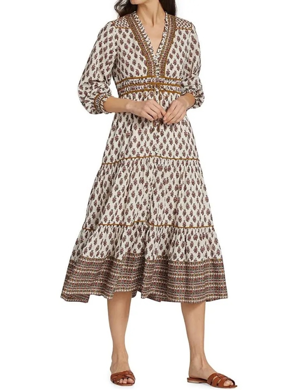 Veronica Beard Alessandra Dress Cream Midi Brown+Pink Micro Floral Print